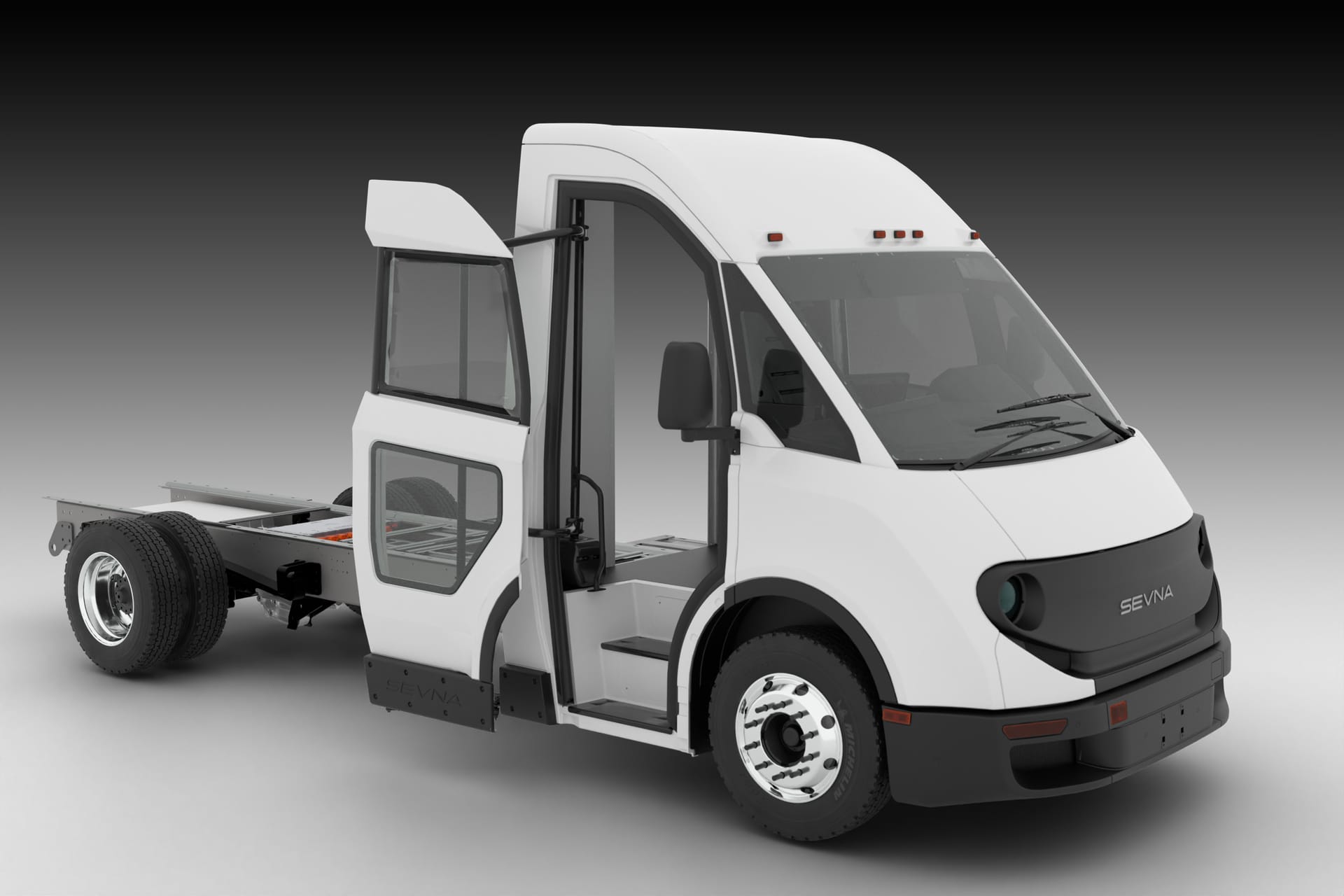 Motorized articulating passenger door on SEVNA cab